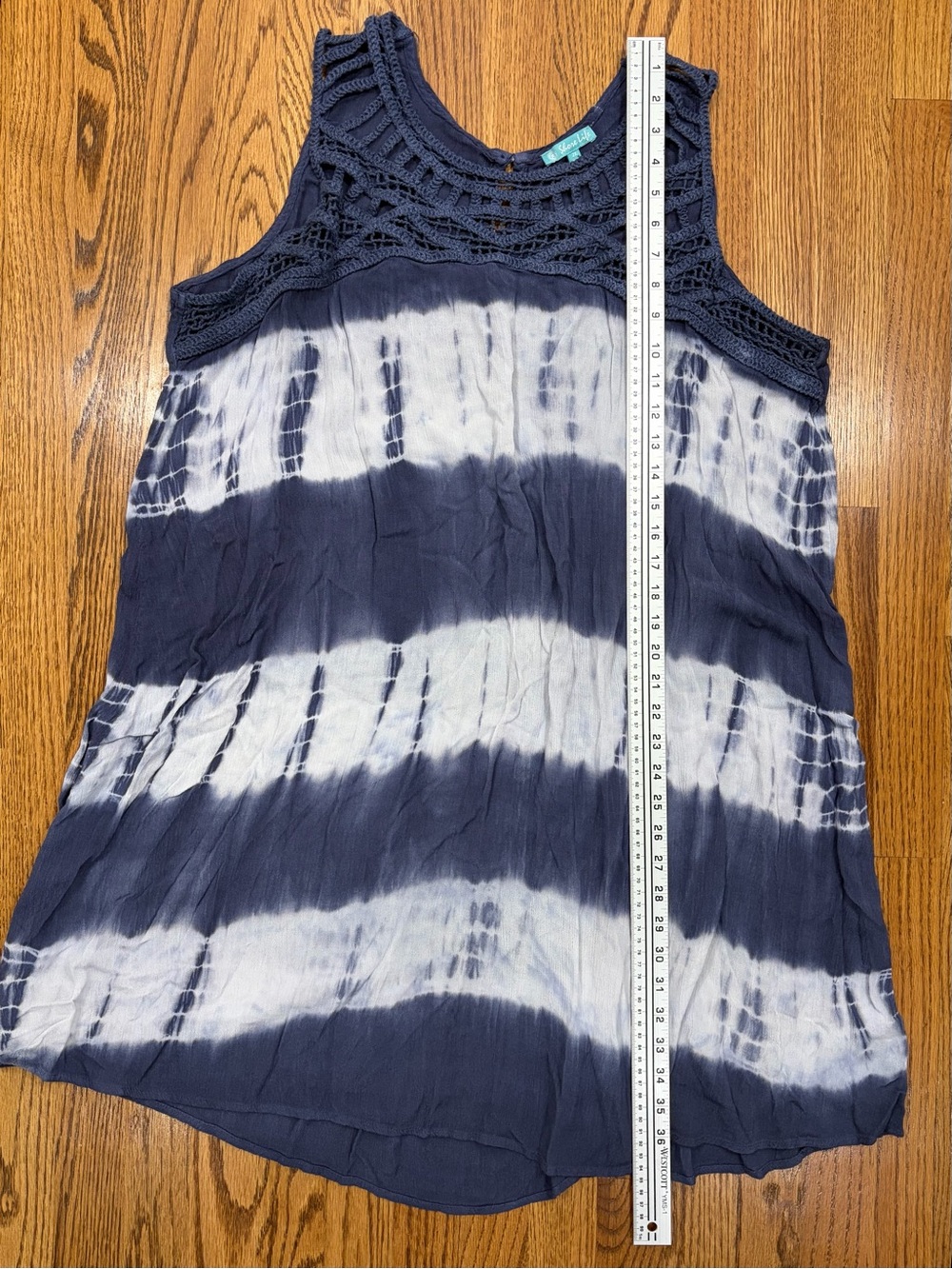 Swim Cover-up Plus Size Crochet Yoke Tie-Dye Swim Coverup — Navy & White (2X) - Picture 4 of 8